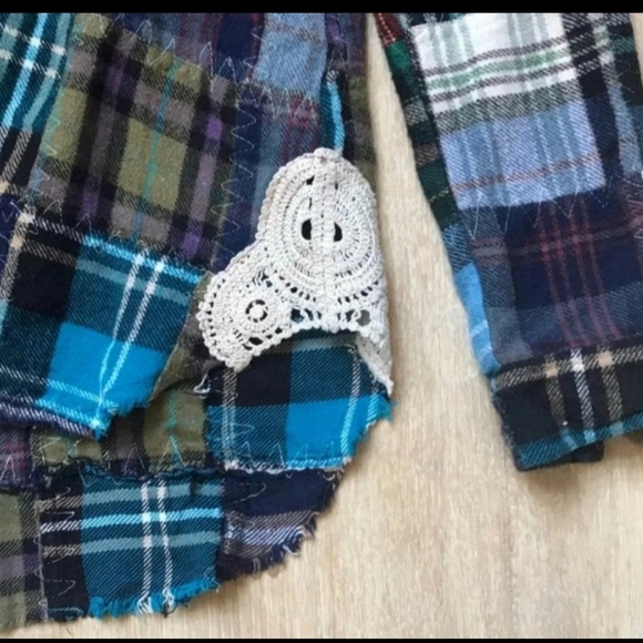 FREE PEOPLE "LOST IN PLAID" LACE CROCHET SIDED PATCHWORK PLAID FLANNEL TOP☆MED - Picture 12 of 12